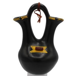 Vintage Southwestern Wedding Vase Black Ceramic Yellow Accents, Pueblo Style